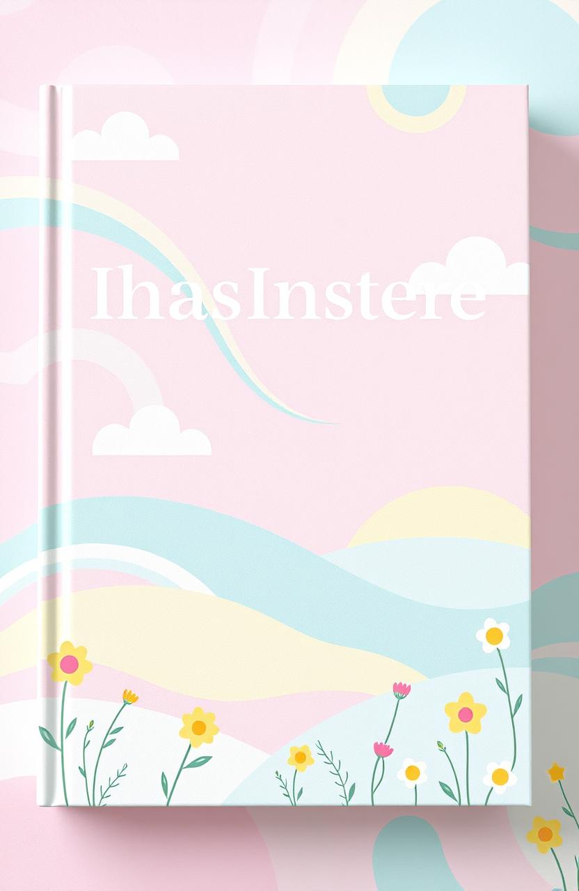 A whimsical book cover design featuring an abstract landscape filled with swirls of pastel colours - soft pinks, light blues, mint greens, and pale yellows