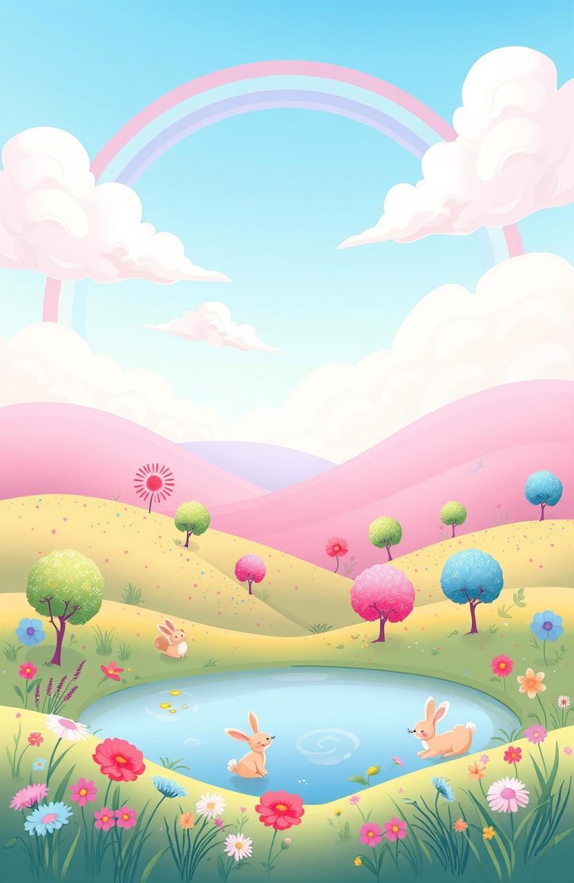 A whimsical book cover design featuring an enchanting landscape filled with pastel colors