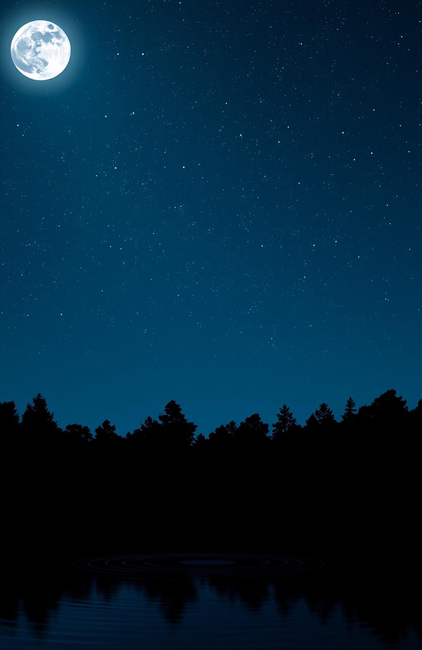 A serene nighttime scene featuring a starry sky with a luminous full moon, gently illuminating a quiet forest landscape