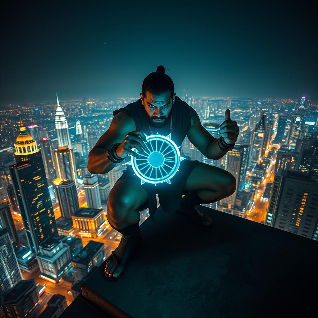 An aerial nighttime view of a bustling city, showcasing illuminated skyscrapers and a vibrant skyline from the perspective of a balcony atop one of the tallest buildings