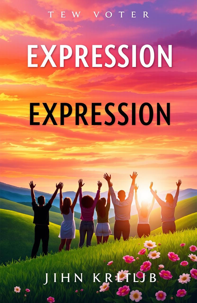 A vibrant book cover design featuring a breathtaking sunset with a multitude of colors—rich oranges, soft pinks, and deep purples blending in the sky