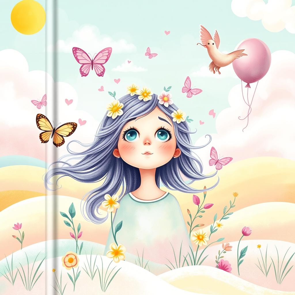A whimsical book cover design featuring an ethereal landscape filled with soft pastel colors—gentle lilacs, mint greens, pale pinks, and sunny yellows