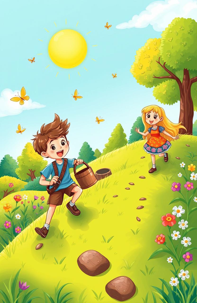 A whimsical illustration depicting the classic nursery rhyme "Jack and Jill"