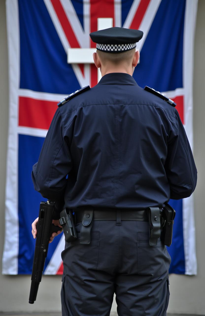 A police officer in plain clothes standing with his back facing the viewer, holding a firearm in one hand