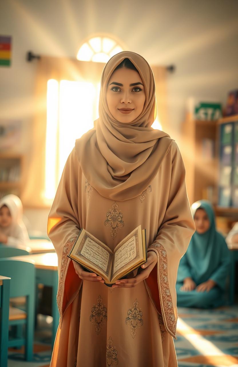 A beautiful and serene scene featuring a mysterious and graceful teacher (ustadzah) wearing a traditional hijab