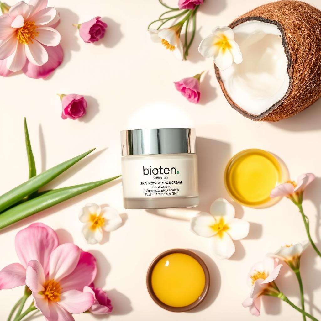 A beautifully arranged flat lay showcasing Bioten Cosmetics Skin Moisture Face Cream