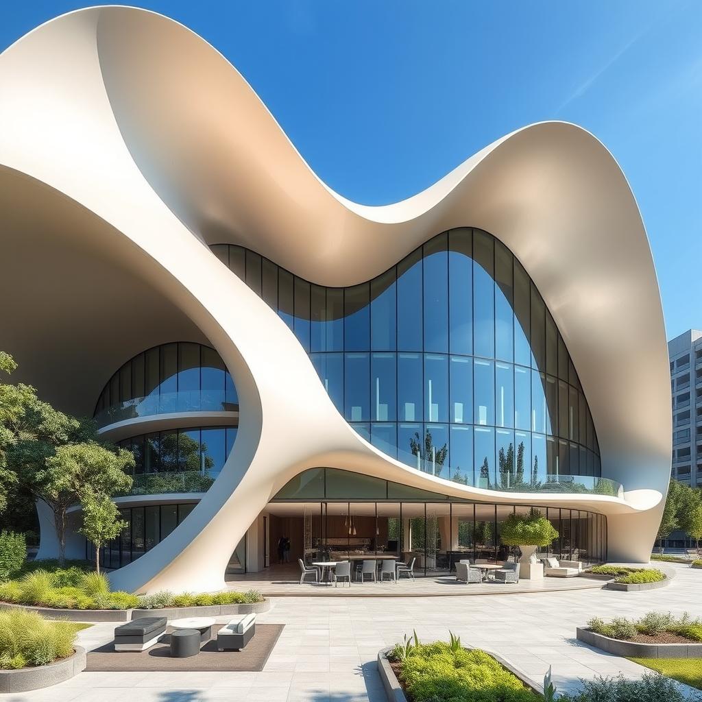A modern architectural building featuring sleek, flowing lines and an innovative design inspired by natural forms
