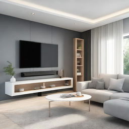 Smart living area featuring a high-tech TV, comfortable sofa, state-of-the-art air conditioning system, and stylish table.