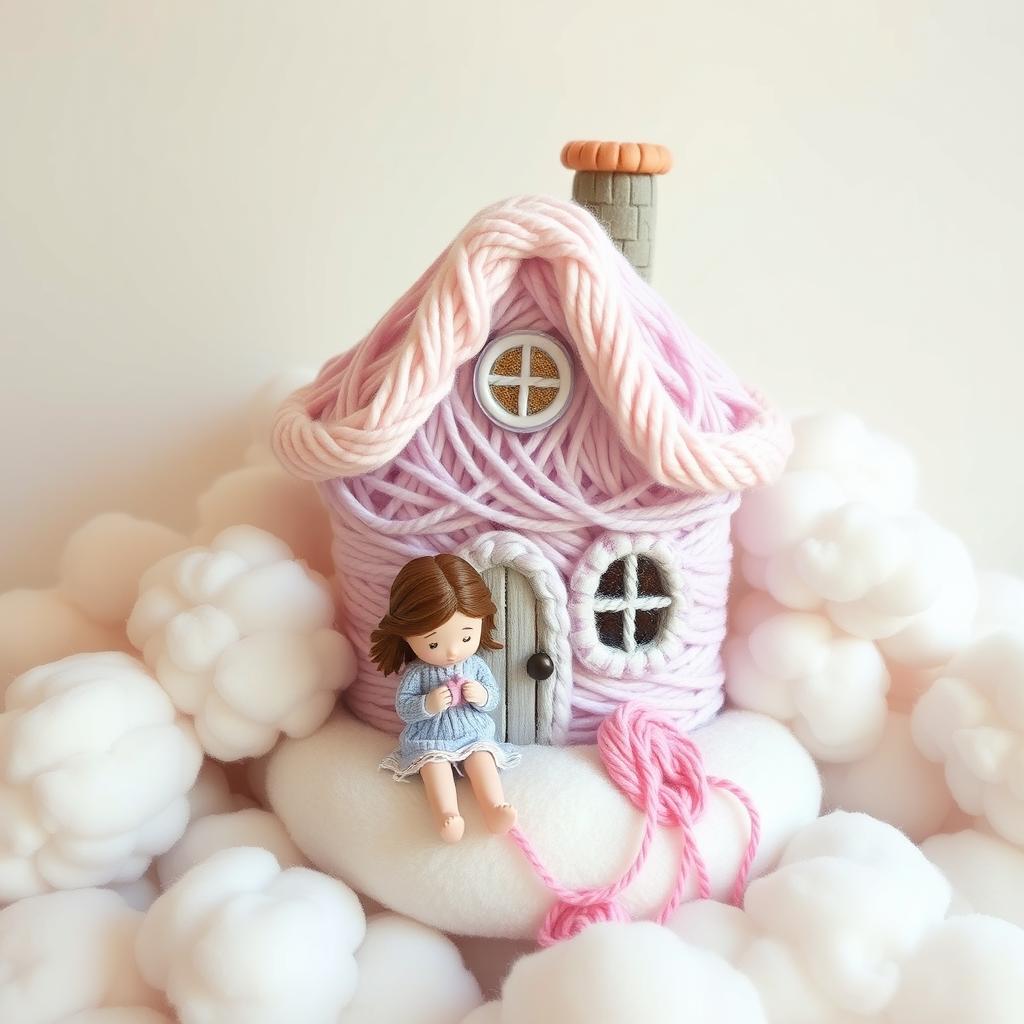 A cozy house made of yarn, surrounded by fluffy clouds