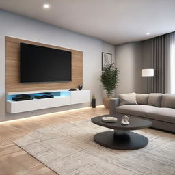 Smart living area featuring a high-tech TV, comfortable sofa, state-of-the-art air conditioning system, and stylish table.