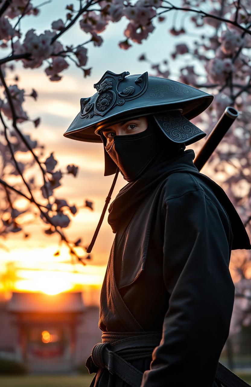 A powerful, mystical ninja wearing a distinctive kabuto helmet, standing confidently in a serene Japanese garden at dusk