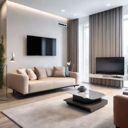 Smart living area featuring a high-tech TV, comfortable sofa, state-of-the-art air conditioning system, and stylish table.