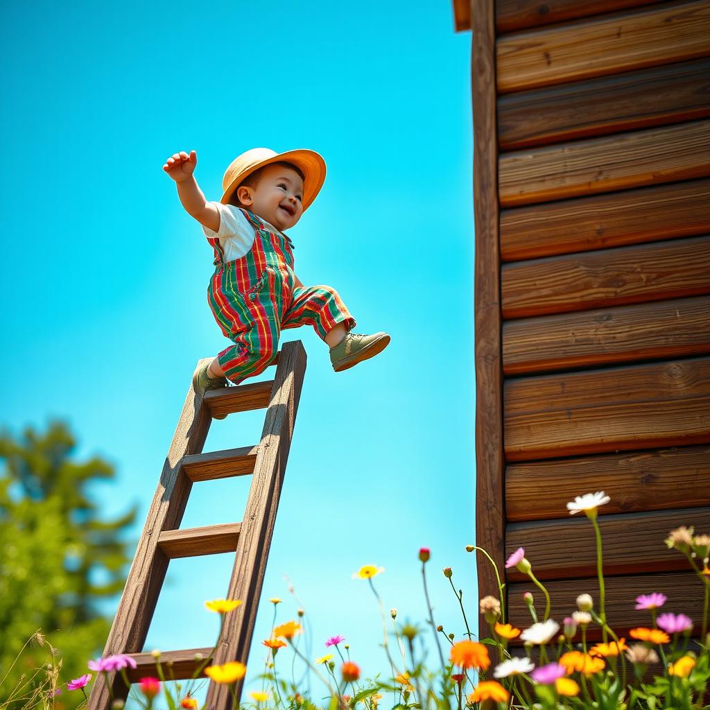 A small figure, resembling a little man, energetically climbing up a rustic wooden ladder