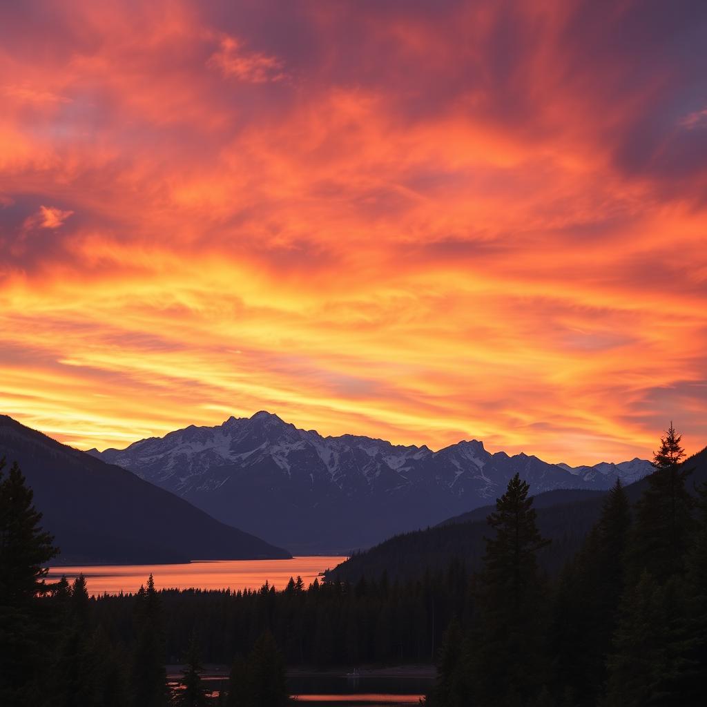 A majestic, serene landscape featuring a vast mountain range under a vibrant sunset sky, with clouds tinged in shades of orange, pink, and purple