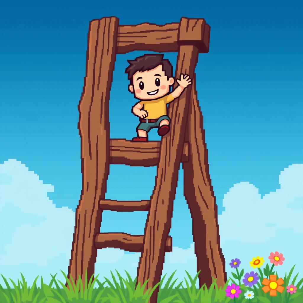 A small pixelated character, designed in a cute and simplistic 8-bit style, climbing up a rustic wooden ladder