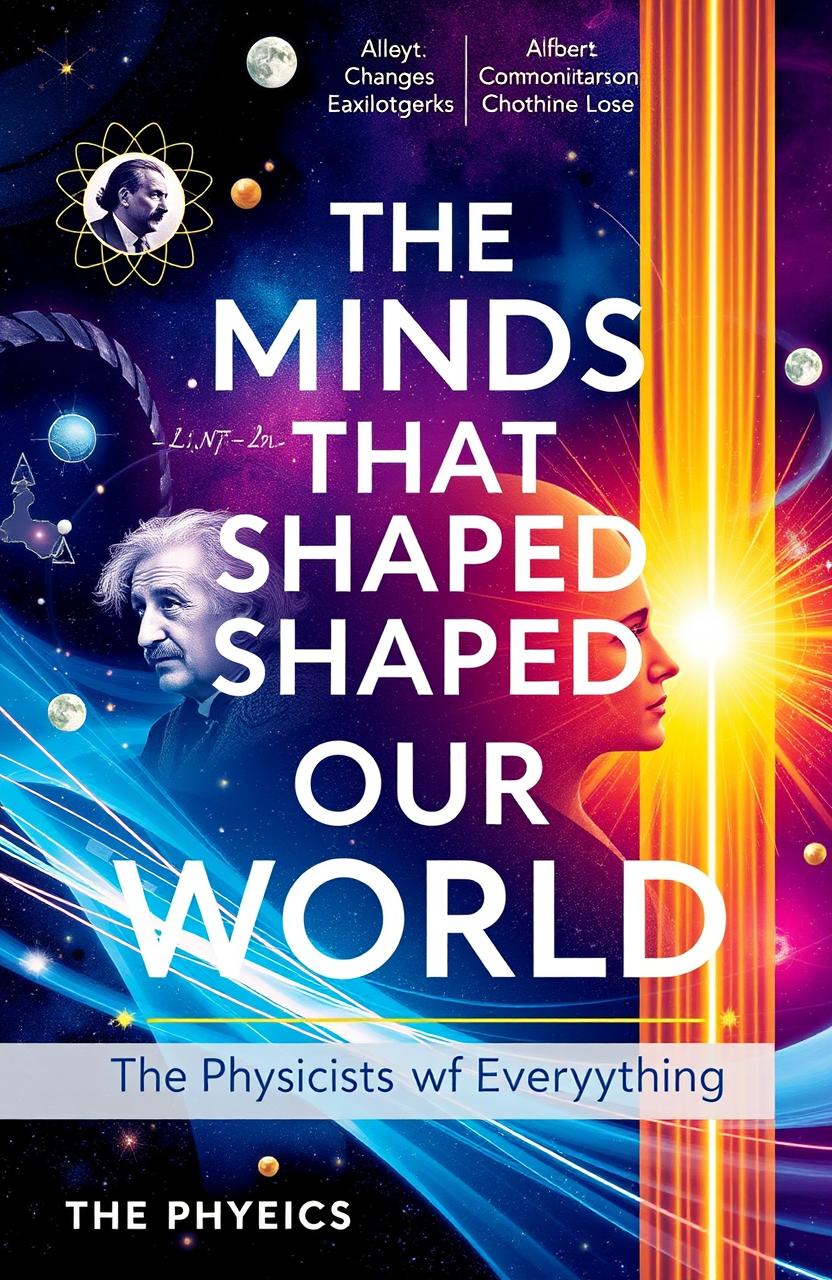 A visually captivating and modern book cover for 'The Minds That Shaped Our World' featuring abstract, cosmic imagery with elements like atoms, stars, light waves, and equations in the background to represent physics and scientific discoveries