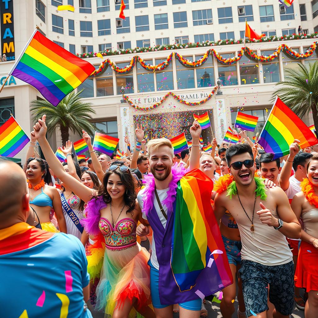 A vibrant and colorful pride parade taking place at Gaza Trump Plaza, filled with joyful participants waving rainbow flags