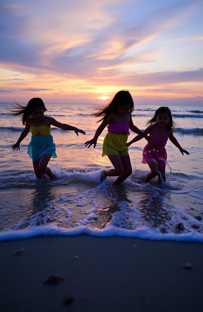 Three young girls joyfully playing at the sea during twilight, their silhouettes illuminated by the soft glow of the setting sun