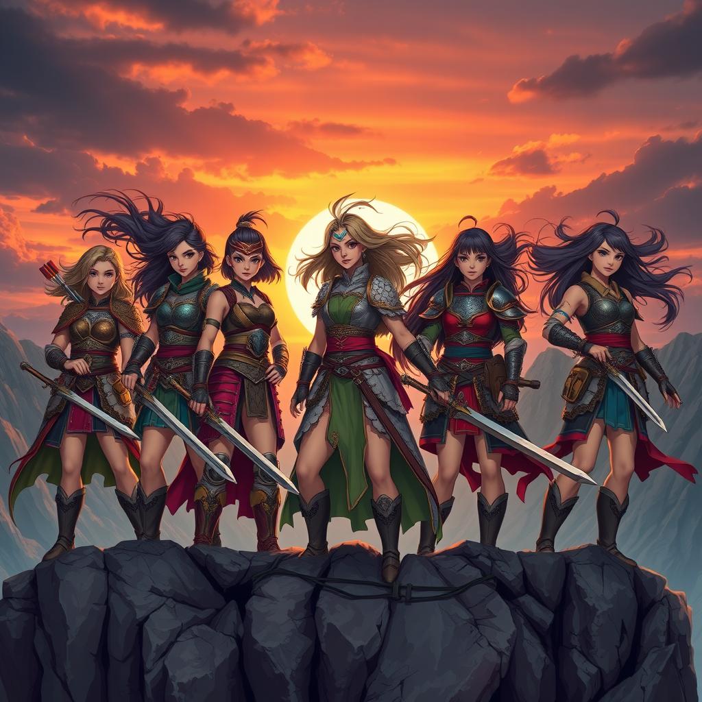 A group of fierce warrior girls, each dressed in unique, intricately designed armor that showcases cultural variations; some wielding swords, others carrying bows and arrows, standing together in a dramatic pose atop a rocky cliff with a sunset backdrop