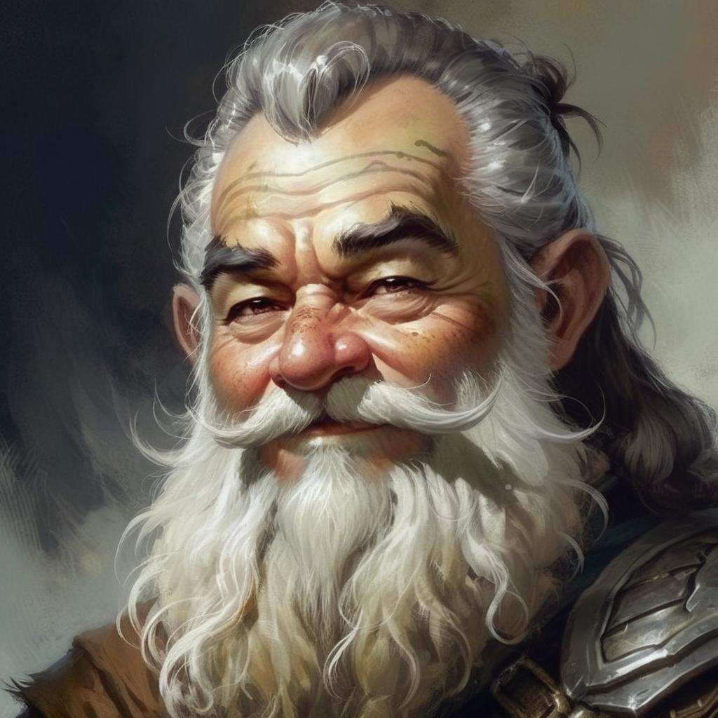 Make a dungeons & dragons character. It is a Dwarf Male, and he is very old. Gray and white hair, with a big bushy beard. Eyebrows really big falling over his eyes. Hair on top of his head is tied in a high knot. He is a druid and friendly.