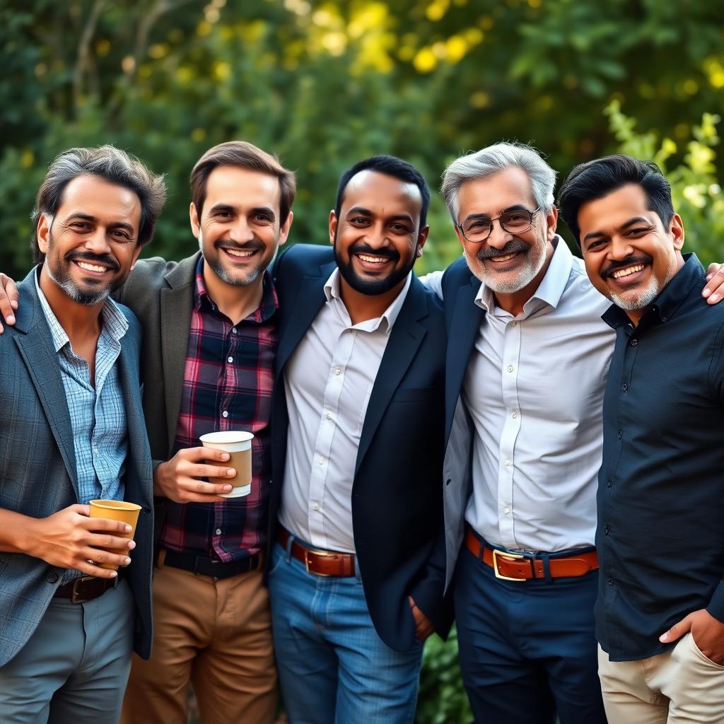 A warm and inviting family portrait featuring six men of diverse ethnic backgrounds