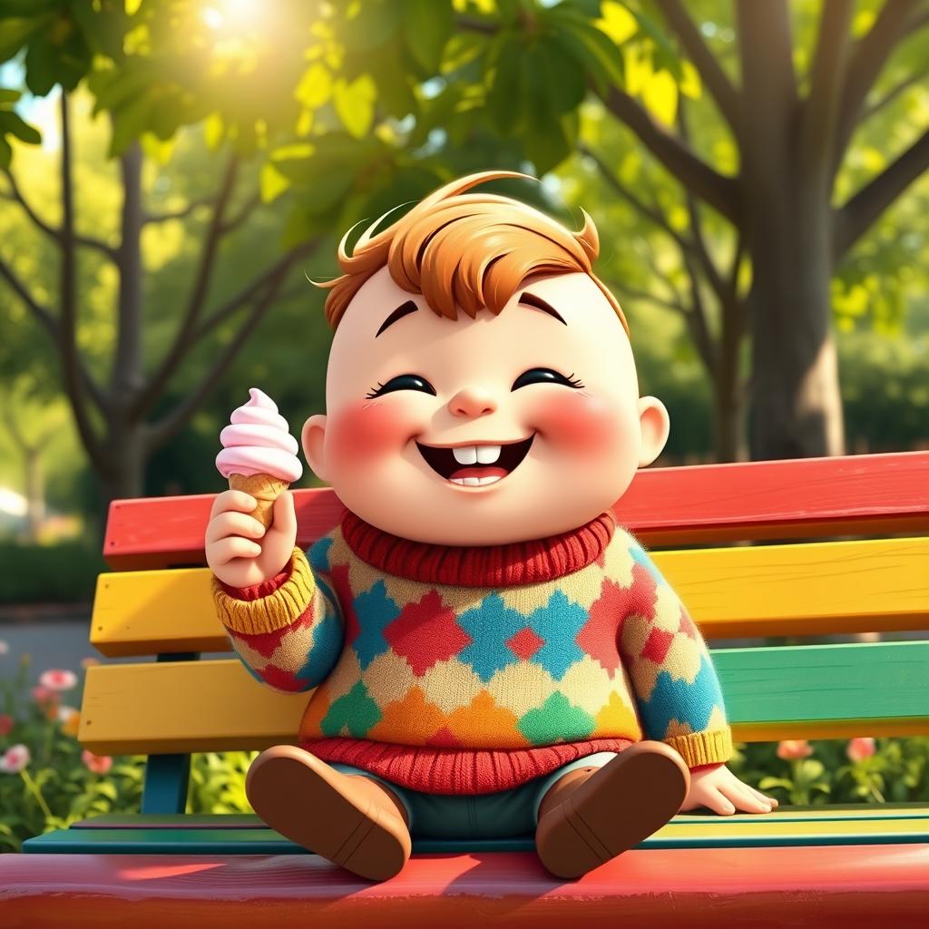 A cheerful chubby character with a bright smile, wearing a colorful sweater, sitting on a colorful park bench with trees and flowers around