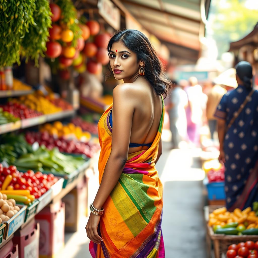 A tall, athletic Indian woman elegantly wearing a colorful saree with a deep backless blouse, showcasing her confidence and grace
