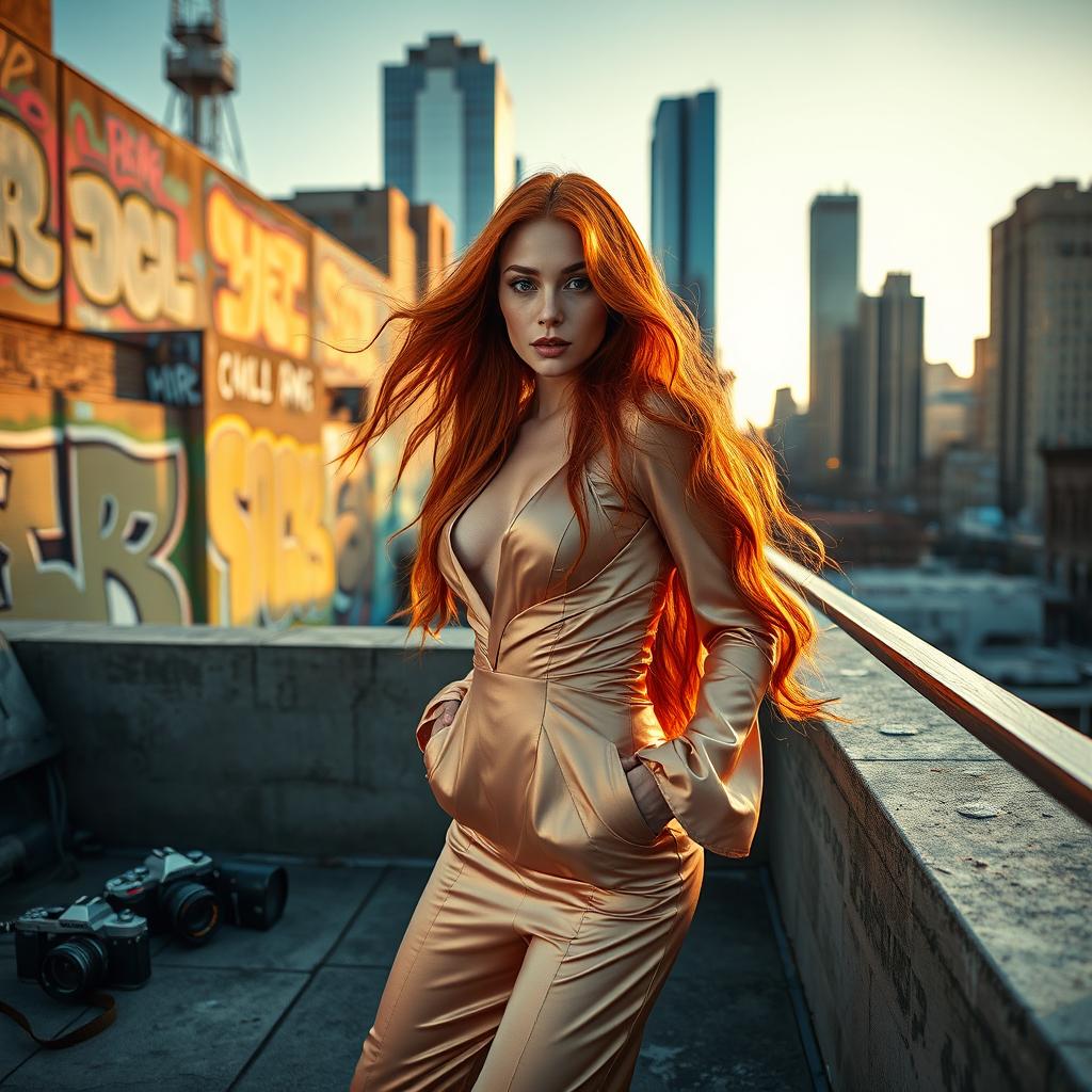 A dynamic fashion photoshoot featuring a model with long, flowing red hair and striking green eyes, wearing a stunning, high-fashion outfit that combines elegance and modernity