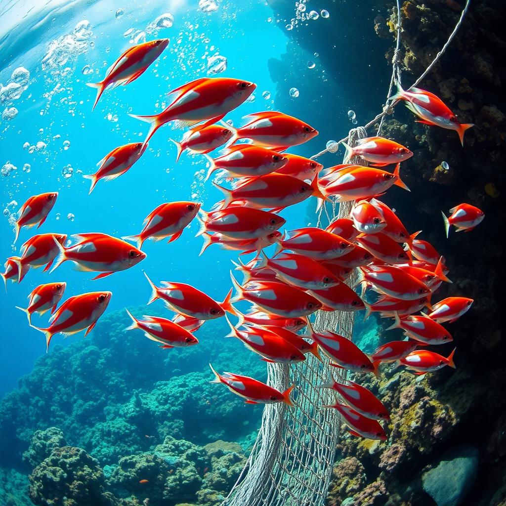 A vibrant underwater scene featuring a school of small fish resembling the colors of the Thai flag, predominantly red, white, and blue