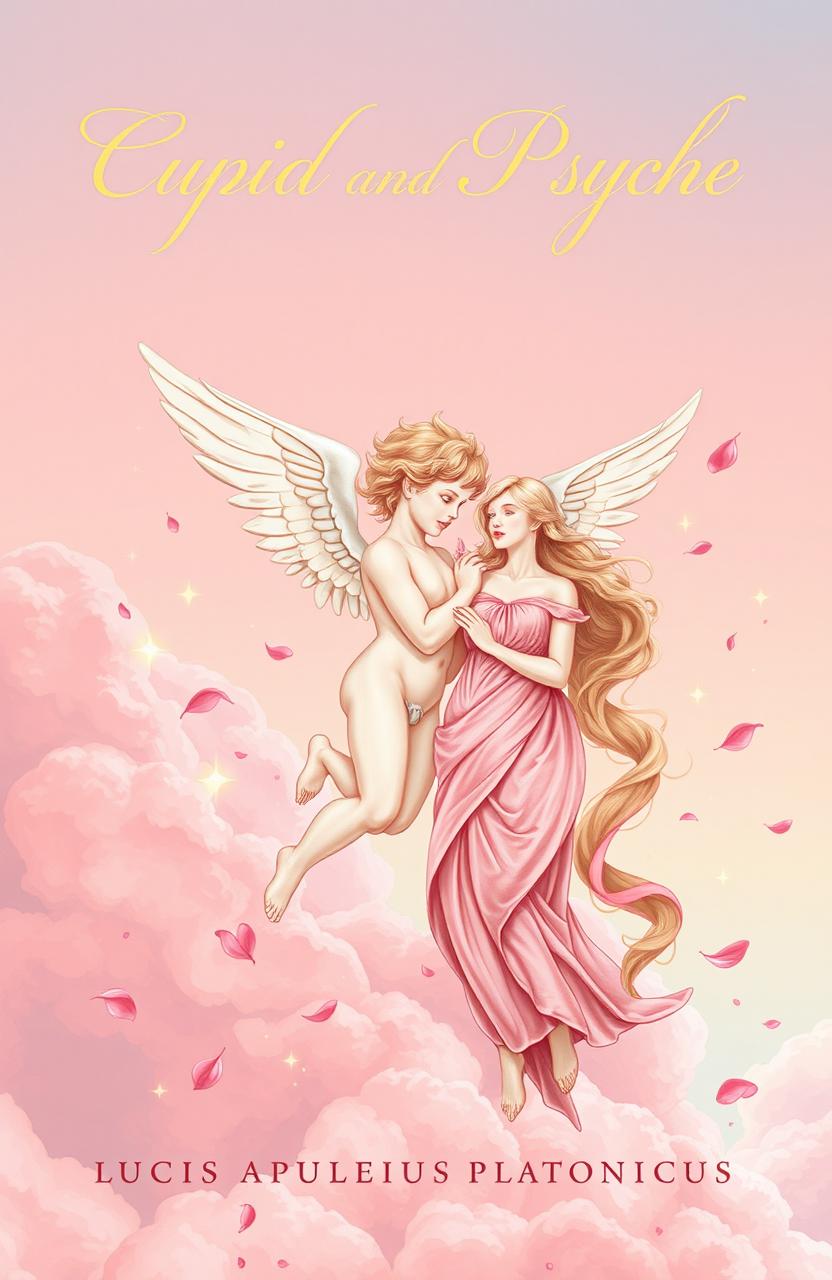 A book cover design for 'Cupid and Psyche' by Lucius Apuleius Platonicus, featuring an ethereal and romantic illustration of Cupid, the god of love, with delicate, angelic wings, and Psyche, a beautiful woman with flowing hair, standing gracefully beside him