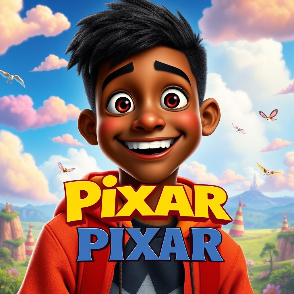 A vibrant and colorful movie poster featuring a teenage boy with dark skin, styled in a fun and playful manner reminiscent of Pixar's animation style