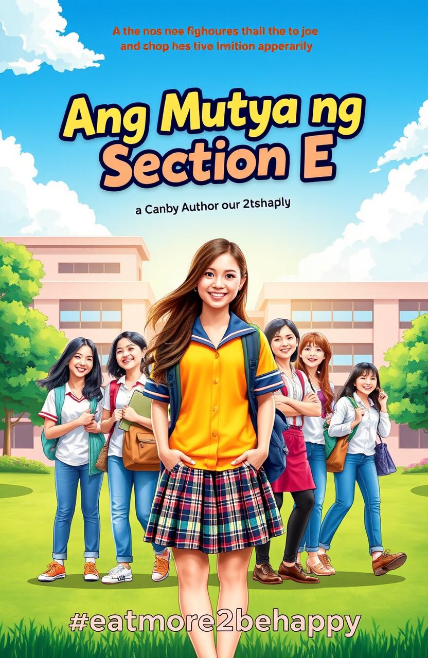 A captivating book cover for 'Ang Mutya ng Section E' by eatmore2behappy, featuring a vibrant high school setting with a diverse group of students