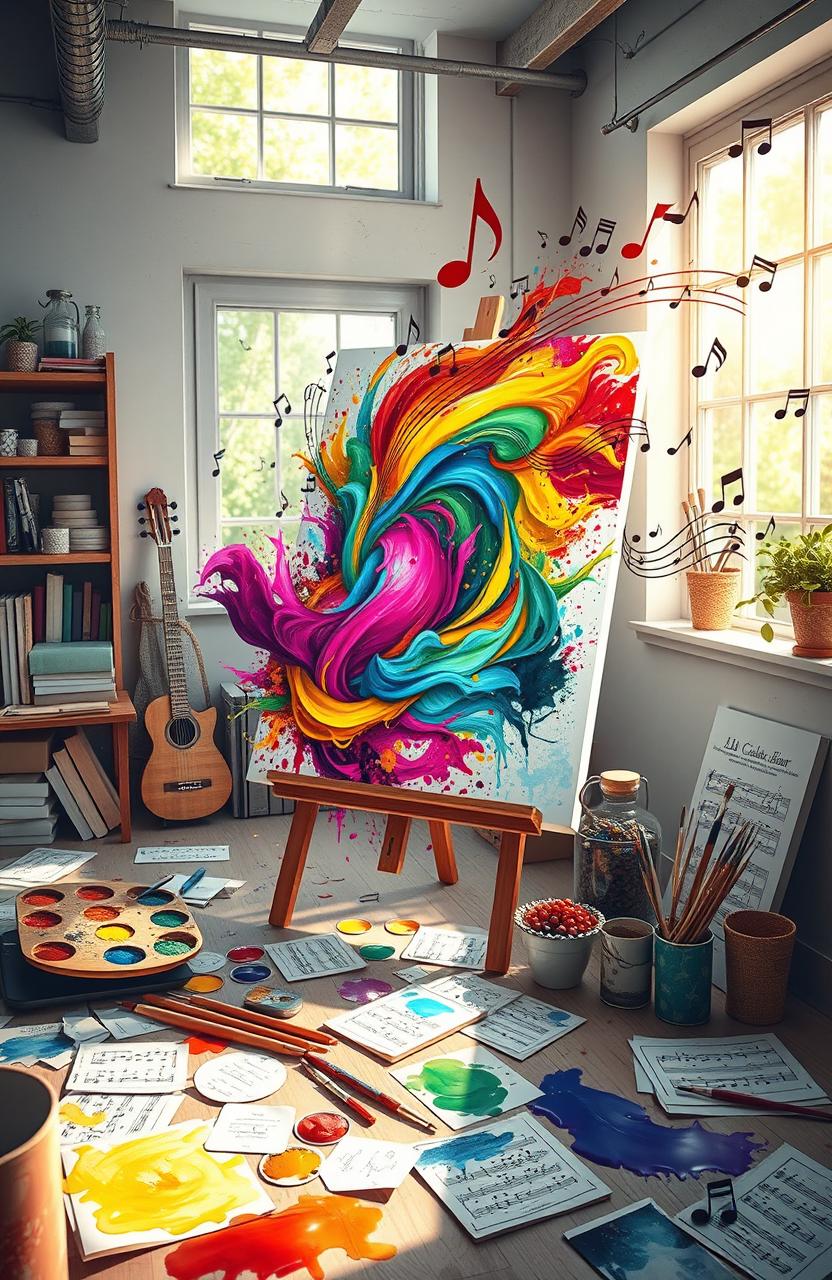 A whimsical fusion of a painter's canvas and musical melody, featuring a vibrant scene where colorful paints swirl and blend on a large canvas, and musical notes visually dance around in the air, creating a harmonious atmosphere