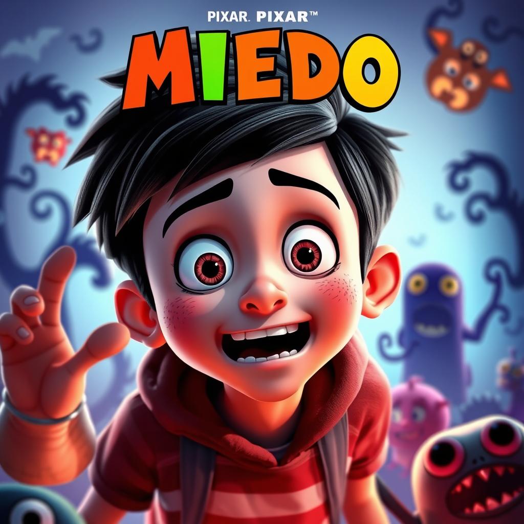 A captivating movie poster in Pixar's vibrant animation style featuring a teenage character with an expressive face, showcasing a mix of fear and excitement