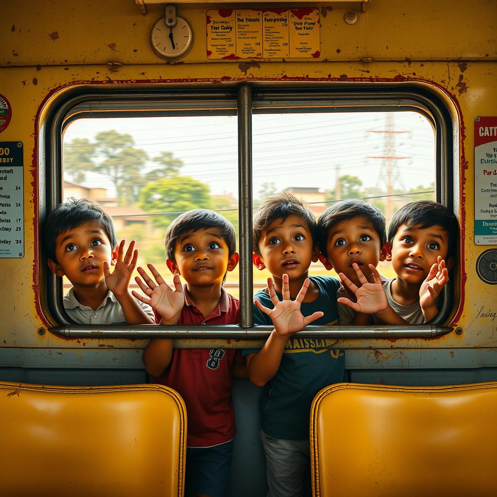 Four young boys with distinct facial features, each representing different skin tones and hairstyles, are standing at an old, rusted window of a train, gazing excitedly outside