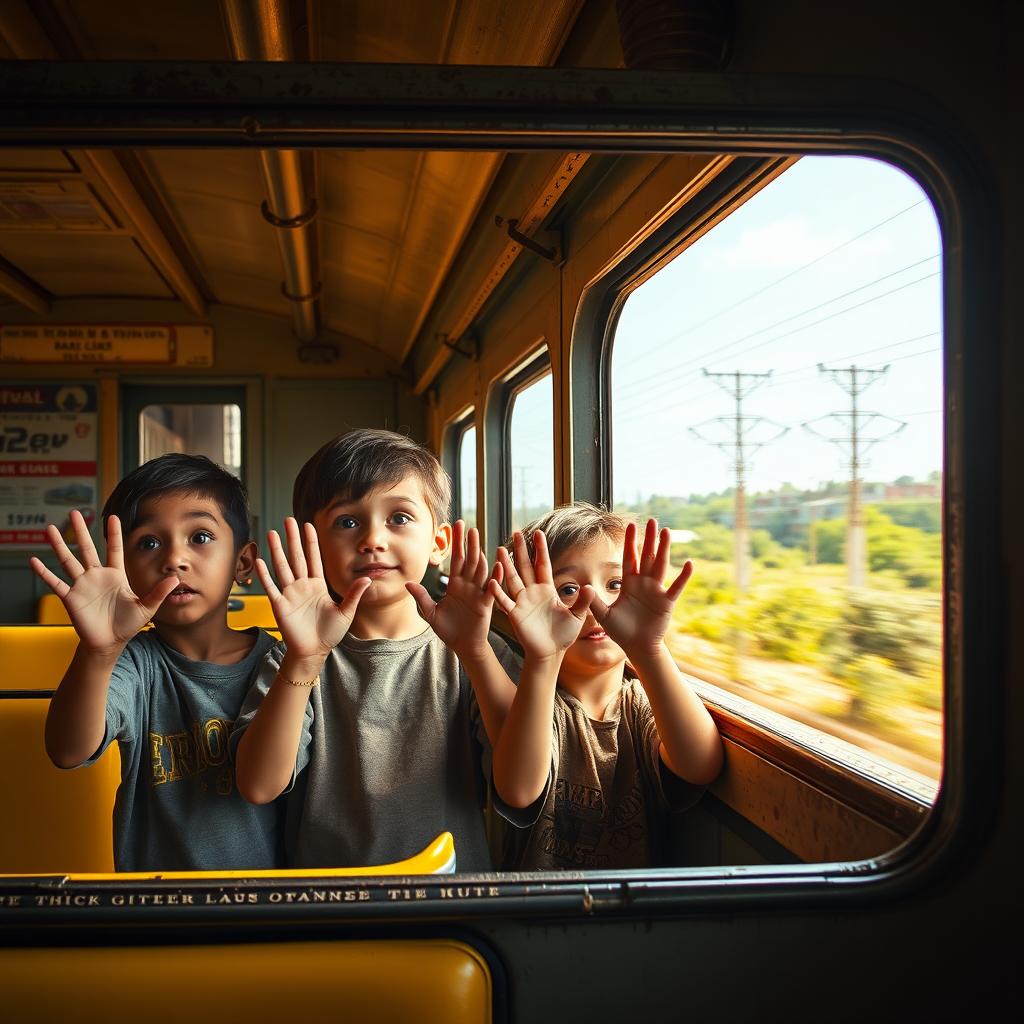 Four young boys, each with distinct facial features, unique skin tones, and different hairstyles, stand at a vintage train window, gazing outside with excitement and curiosity