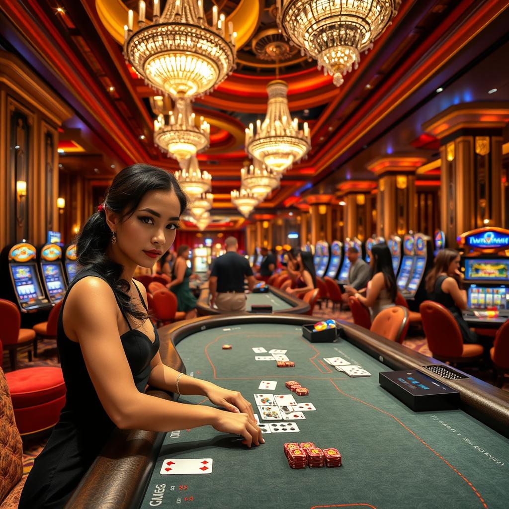An extravagant casino interior in Gaza, showcasing luxurious decor with plush furnishings and sparkling chandeliers
