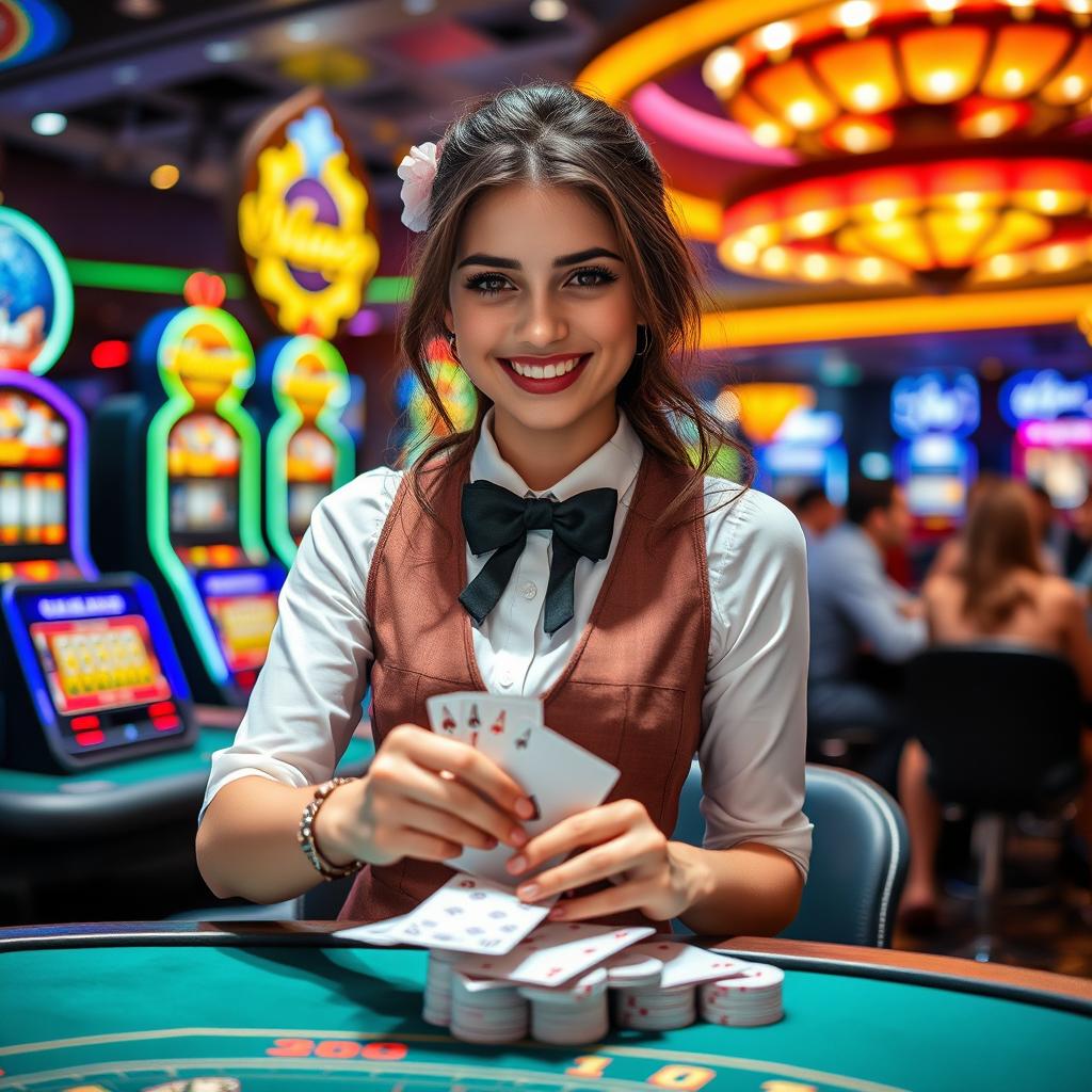 A cute card dealer in a vibrant and lively casino setting in Gaza
