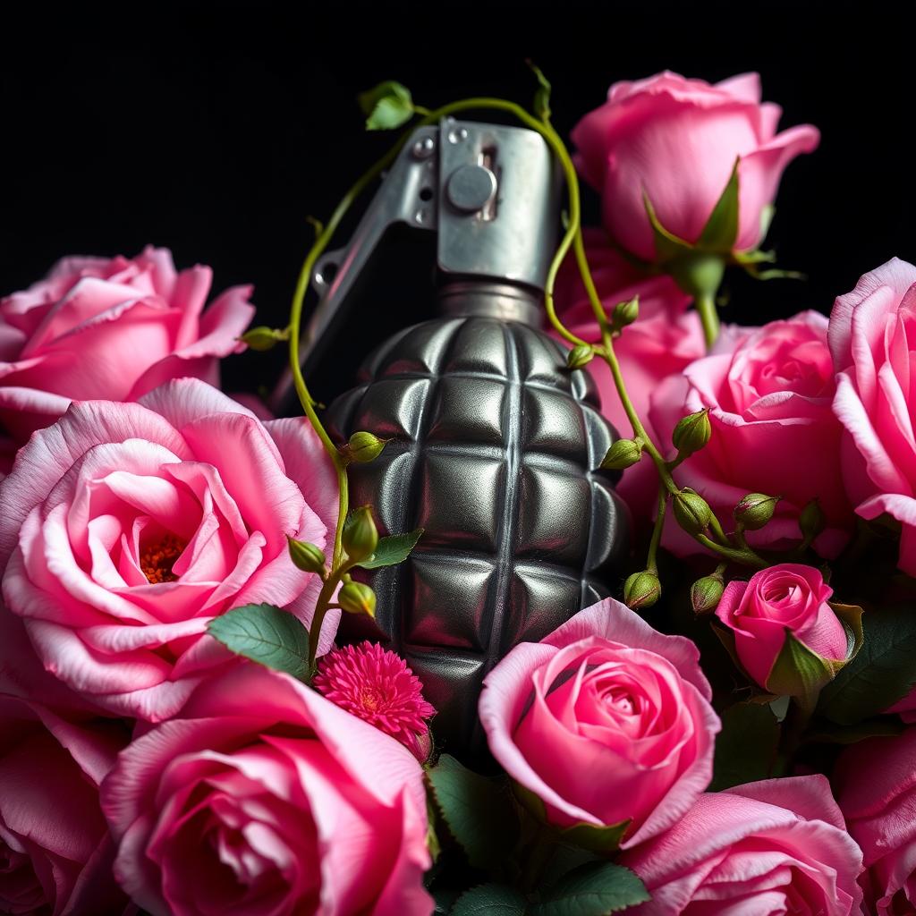 A visually striking image of a metallic grenade surrounded by lush pink roses, their vibrant petals contrasting beautifully with the grenade's texture