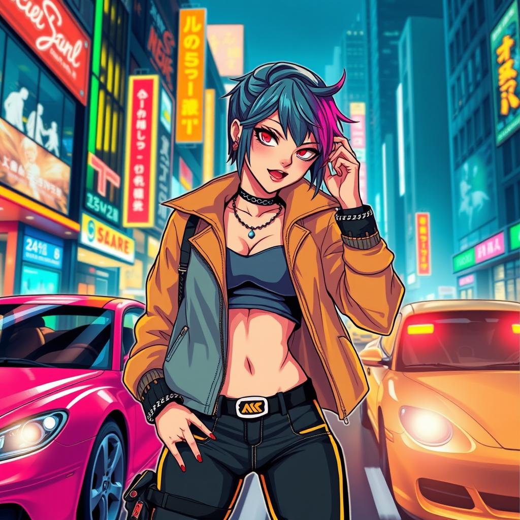 A stylish and dynamic illustration of a female character inspired by the concept of Toshiko Kasen from Grand Theft Auto