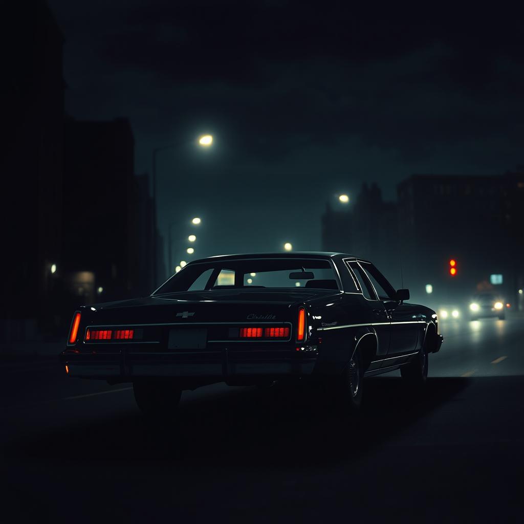 A moody scene in 1990s crime noir thriller style, depicting a black 1976 Chevy Impala driving off into the dark night, fading into the distance