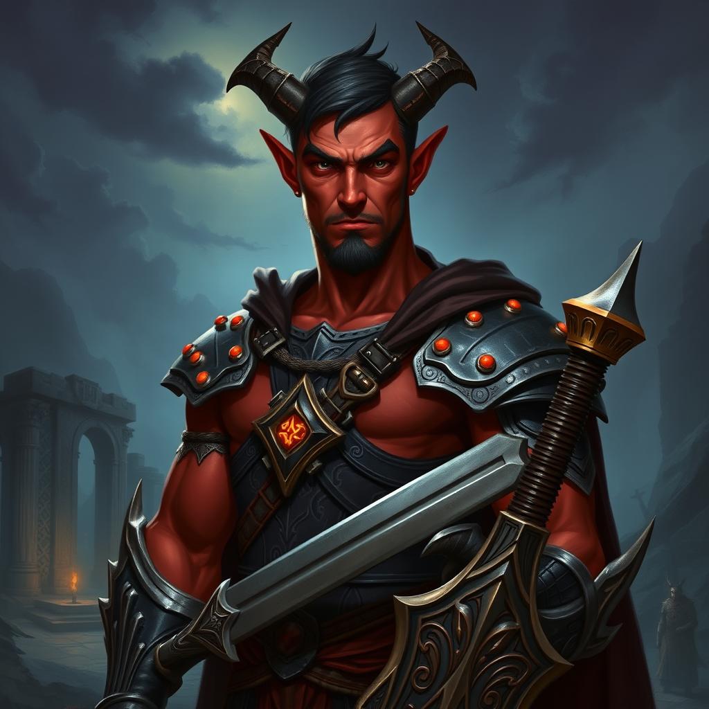 A buffed male tiefling paladin standing confidently, featuring short dark hair and striking red skin