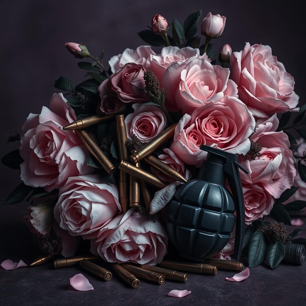 A dark romance scene featuring a dramatic composition of flowers intertwining with bullets and a grenade, predominantly using black and light pink colors