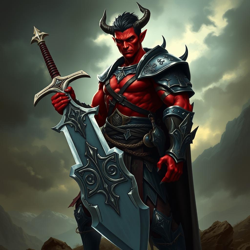 A buffed male tiefling standing tall and powerful, wielding a massive greatsword