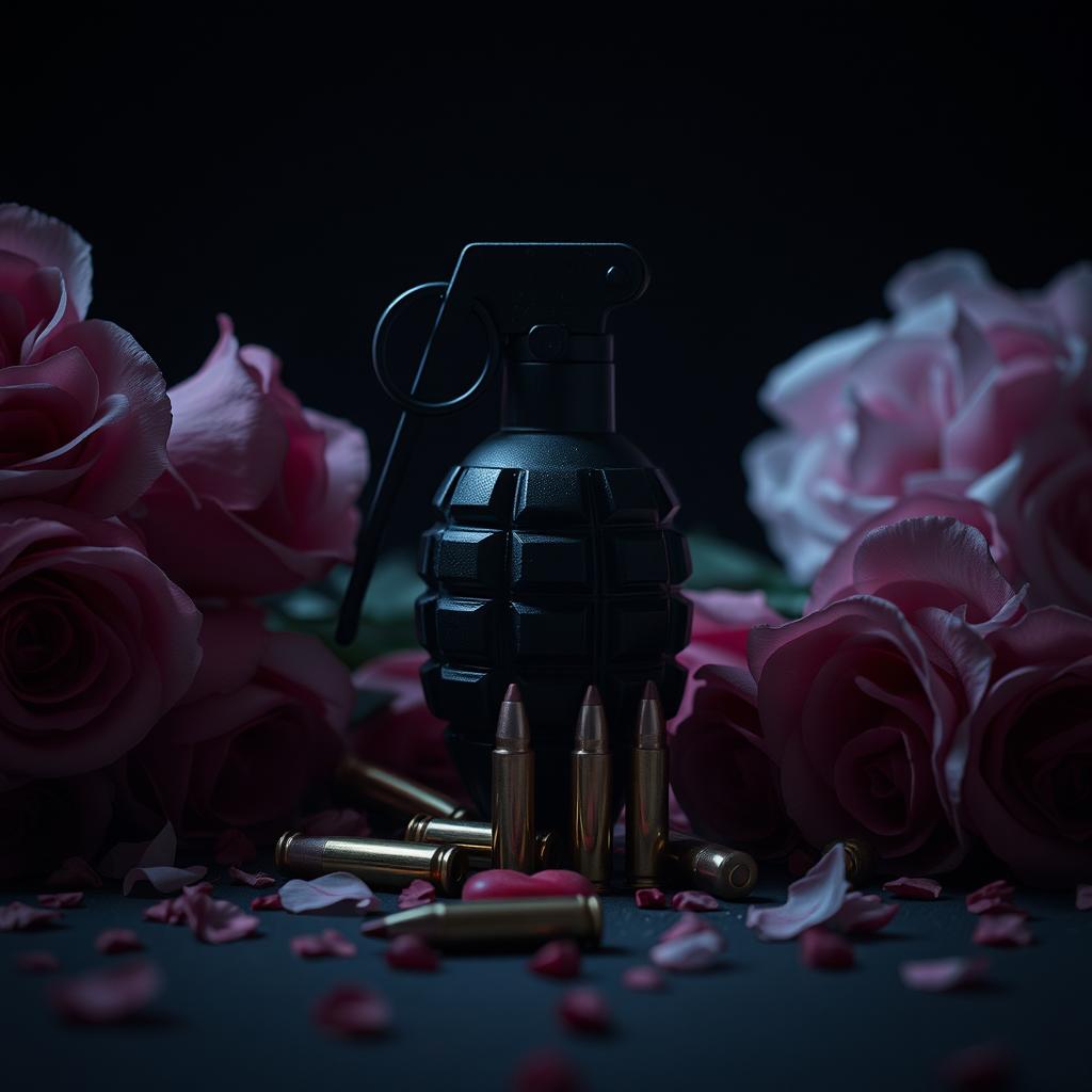 A dark romance scene featuring a grenade placed prominently in the center, surrounded by a subtle arrangement of bullets