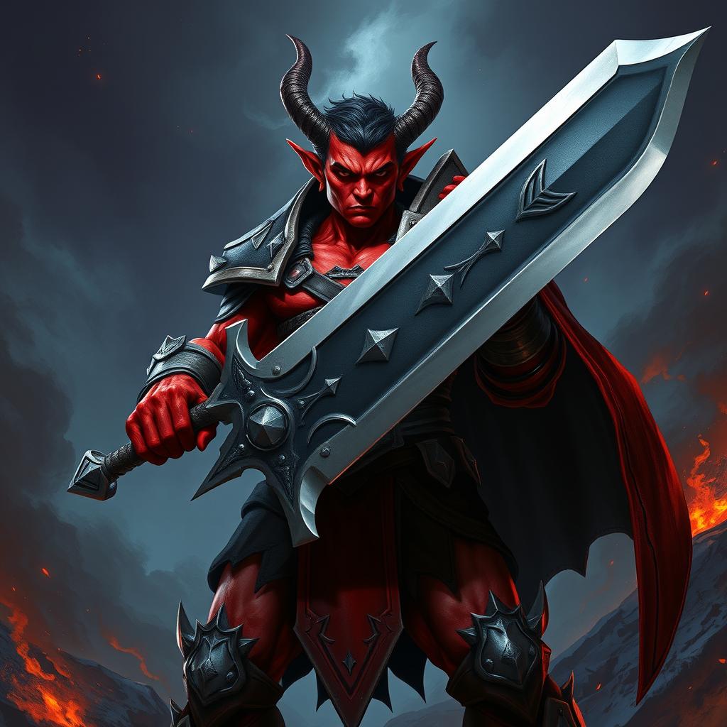 A buffed male tiefling standing in a powerful stance, wielding a large greatsword with both hands