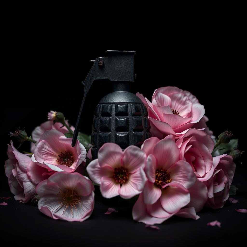 A dark romance scene featuring a grenade prominently positioned in the center, surrounded by a delicate arrangement of flowers to soften the intense vibe