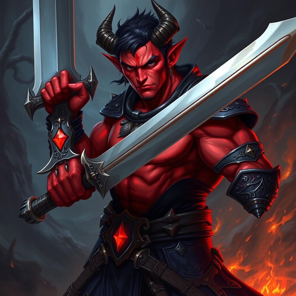 A buffed male tiefling wielding a massive greatsword, showcasing his impressive physique