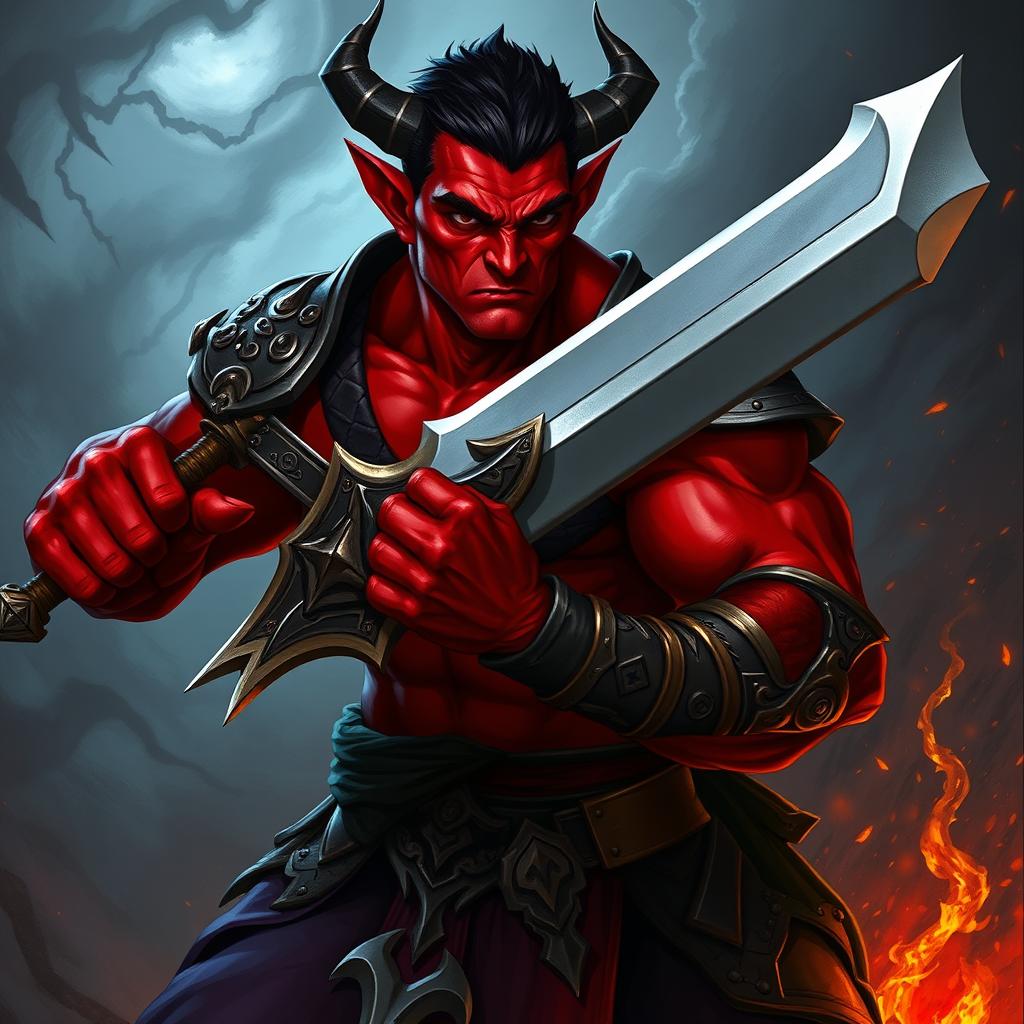 A muscular male tiefling brandishing a large greatsword with confidence