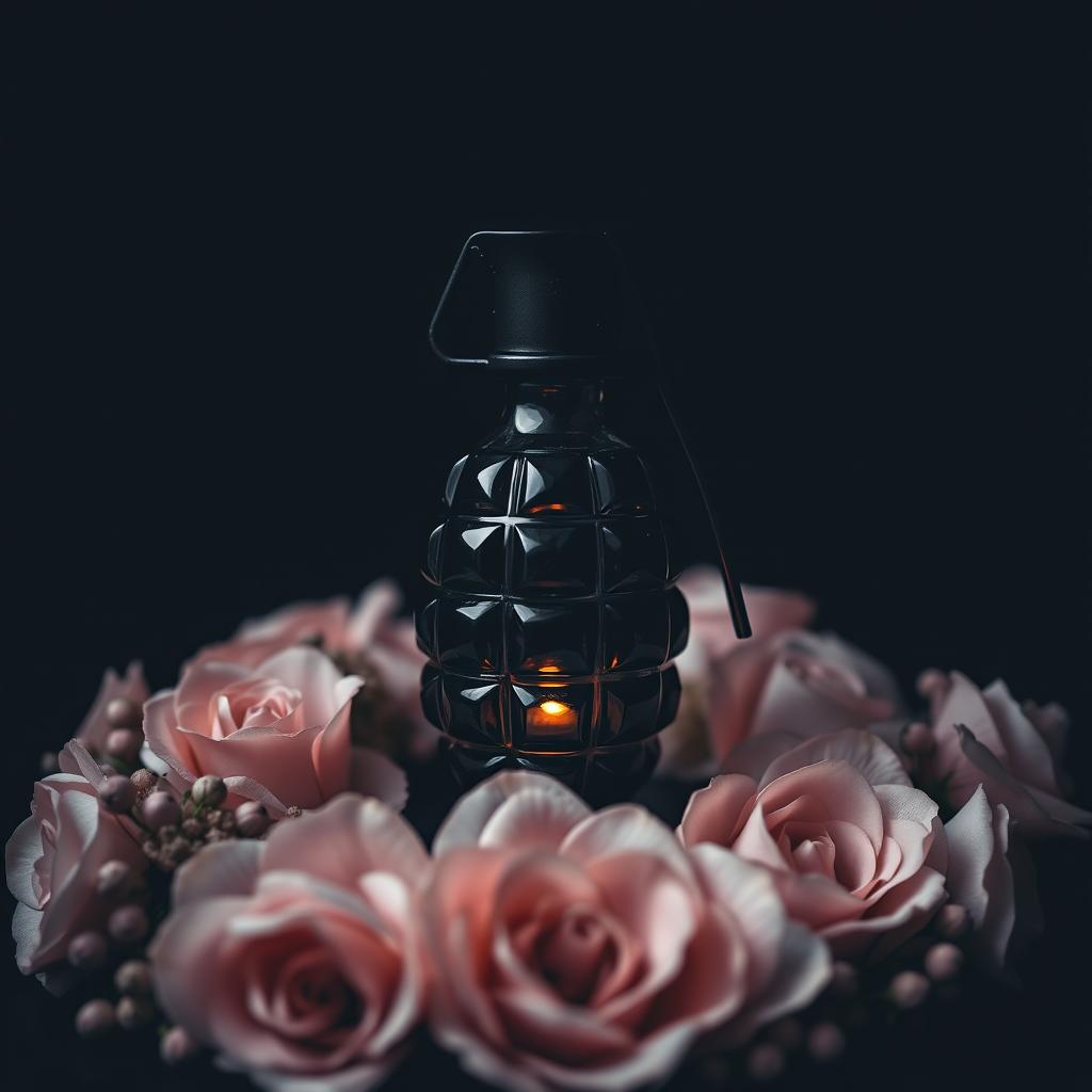 A dark romance scene featuring a glass grenade elegantly placed in the center, surrounded by a delicate arrangement of flowers